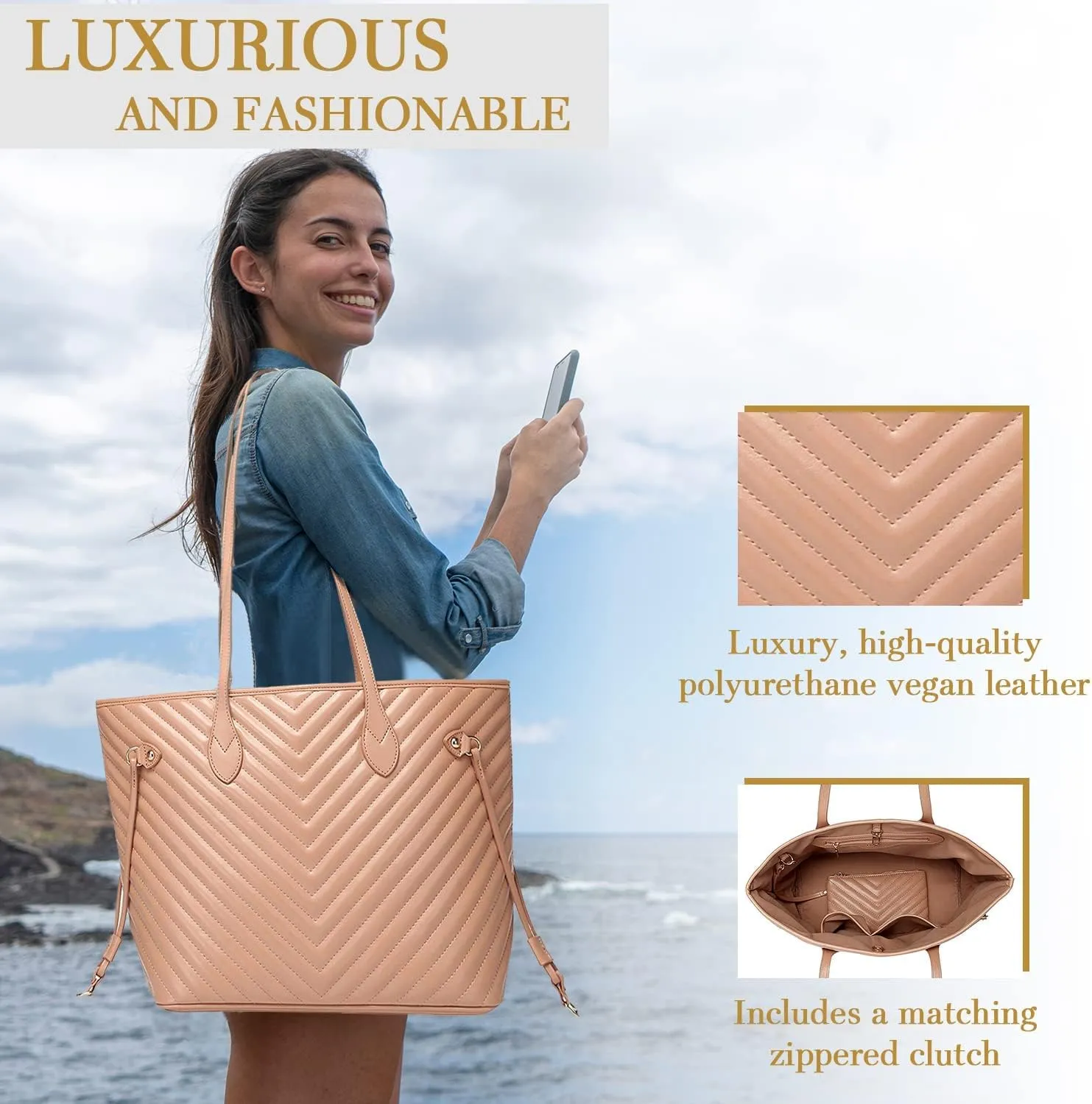 Daisy Rose Tote Shoulder Travel Bag & Matching Clutch PU Vegan Leather