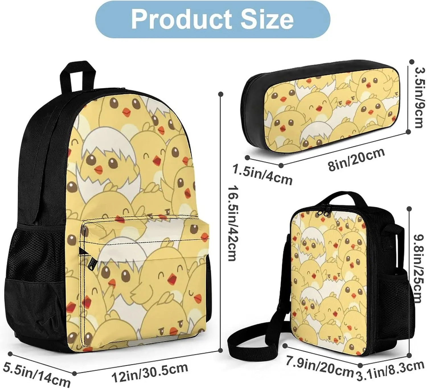 Delerain Baby Chicks 3 Pcs Backpack Set for Kids Back to School Bookbag with Lunch Box and Pencil Case Durable Lightweight Travel for Teens Students Boys Girls