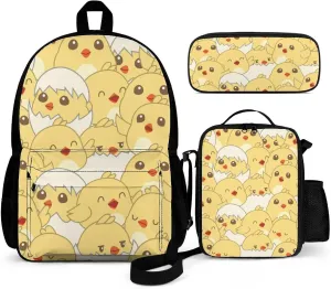 Delerain Baby Chicks 3 Pcs Backpack Set for Kids Back to School Bookbag with Lunch Box and Pencil Case Durable Lightweight Travel for Teens Students Boys Girls