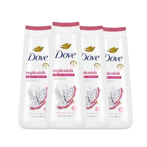 Dove Body Wash 4 Count for 24hr Lotion-Soft Skin Replenish Dragon Fruit and Coconut Cream Moisturizing Skin Cleanser with No Sulfates No Parabens