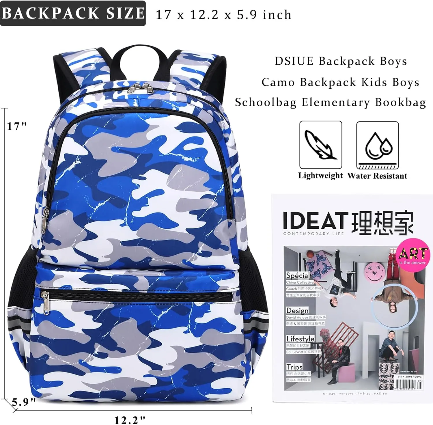 DSIUE Backpacks for Boys School Bags for Kids Elementary Bookbag and Lunch Box Set Camo Grey