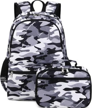 DSIUE Backpacks for Boys School Bags for Kids Elementary Bookbag and Lunch Box Set Camo Grey