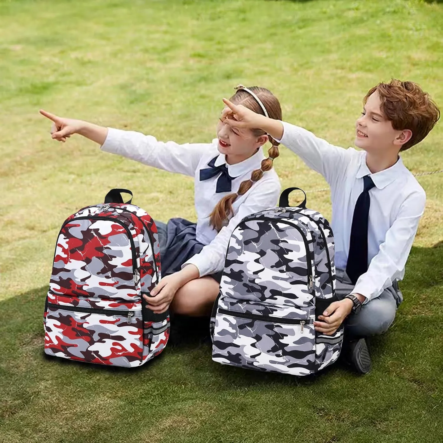 DSIUE Backpacks for Boys School Bags for Kids Elementary Bookbag and Lunch Box Set Camo Grey
