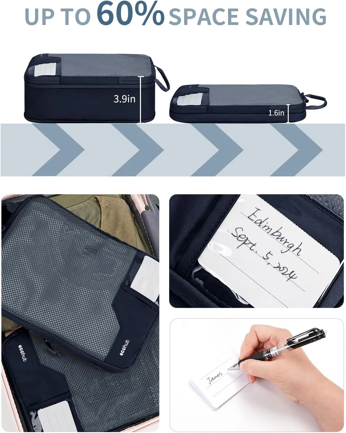 ECOHUB 4 Set Compression Packing Cubes for Travel, Suitcases Organizer Bags with YKK Zipper, Tear Resistant, Lightweight