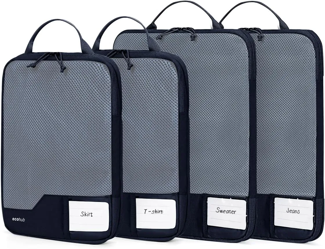 ECOHUB 4 Set Compression Packing Cubes for Travel, Suitcases Organizer Bags with YKK Zipper, Tear Resistant, Lightweight