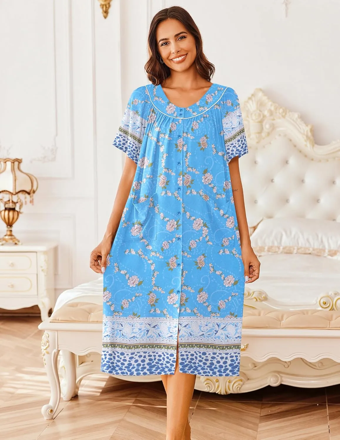 Ekouaer Women's Short Sleeve House Dress Floral Mumu Dress Duster Housecoat Button Down Nightgown with Pockets