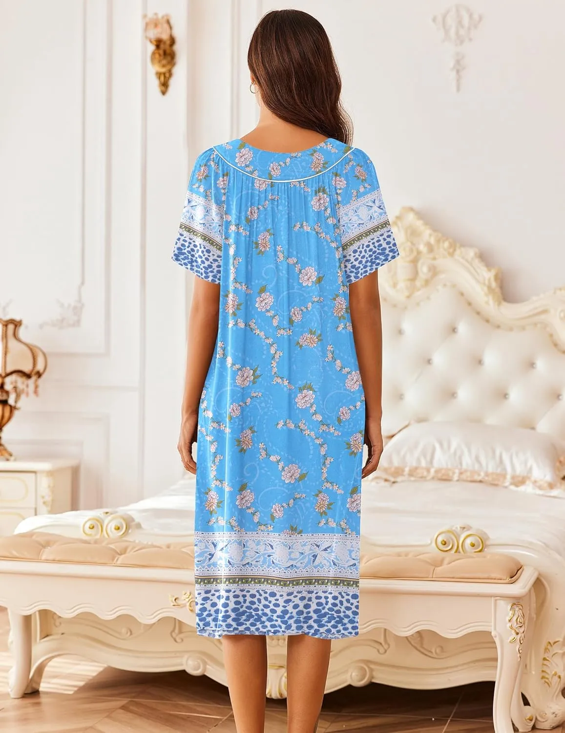 Ekouaer Women's Short Sleeve House Dress Floral Mumu Dress Duster Housecoat Button Down Nightgown with Pockets