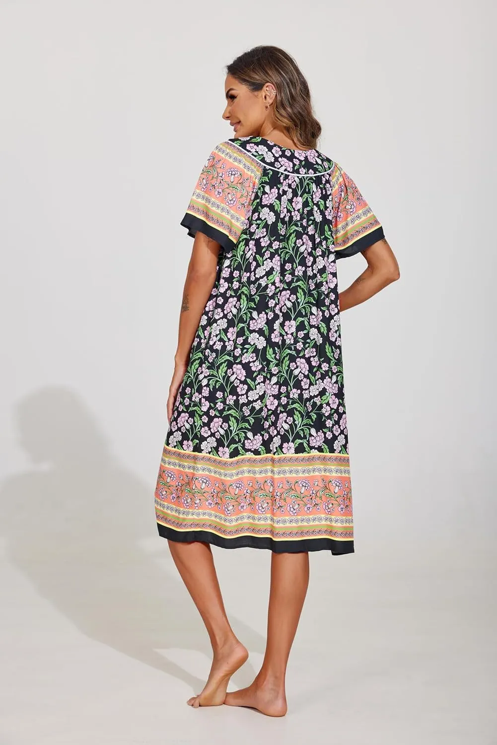 Ekouaer Women's Short Sleeve House Dress Floral Mumu Dress Duster Housecoat Button Down Nightgown with Pockets