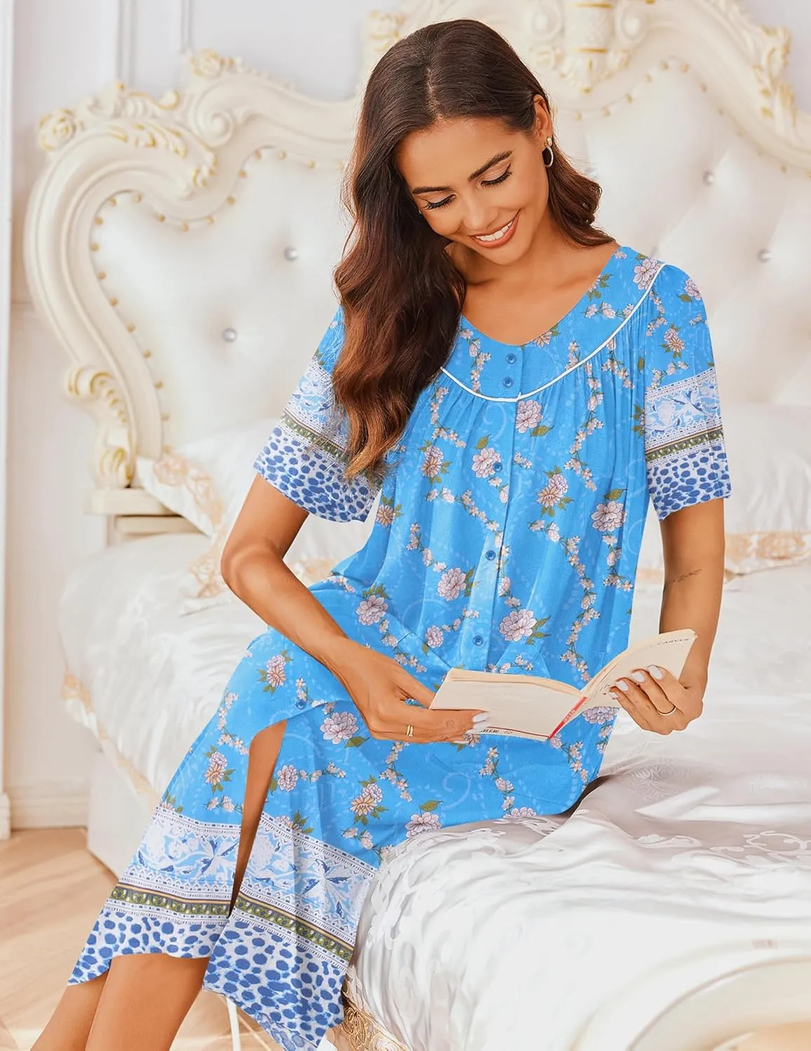 Ekouaer Women's Short Sleeve House Dress Floral Mumu Dress Duster Housecoat Button Down Nightgown with Pockets