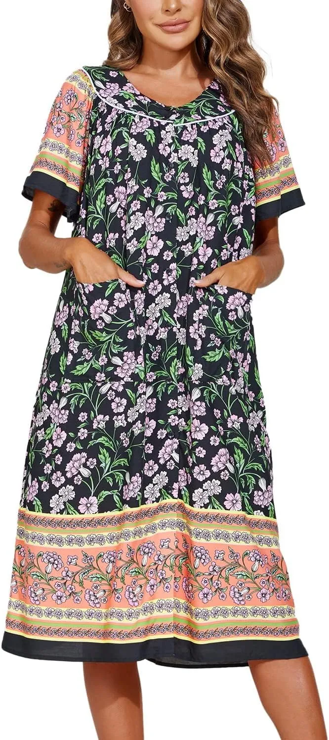 Ekouaer Women's Short Sleeve House Dress Floral Mumu Dress Duster Housecoat Button Down Nightgown with Pockets