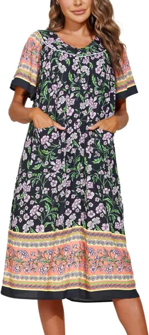 Ekouaer Women's Short Sleeve House Dress Floral Mumu Dress Duster Housecoat Button Down Nightgown with Pockets