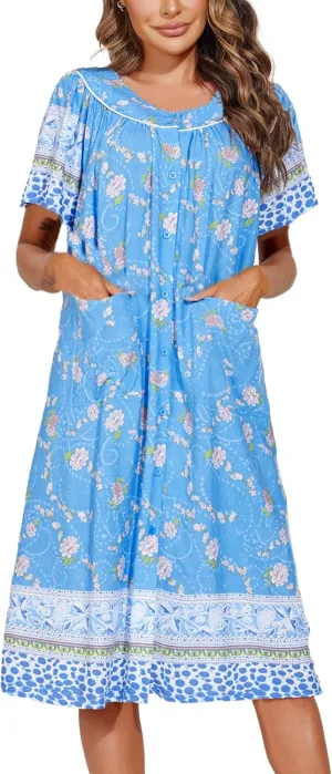 Ekouaer Women's Short Sleeve House Dress Floral Mumu Dress Duster Housecoat Button Down Nightgown with Pockets