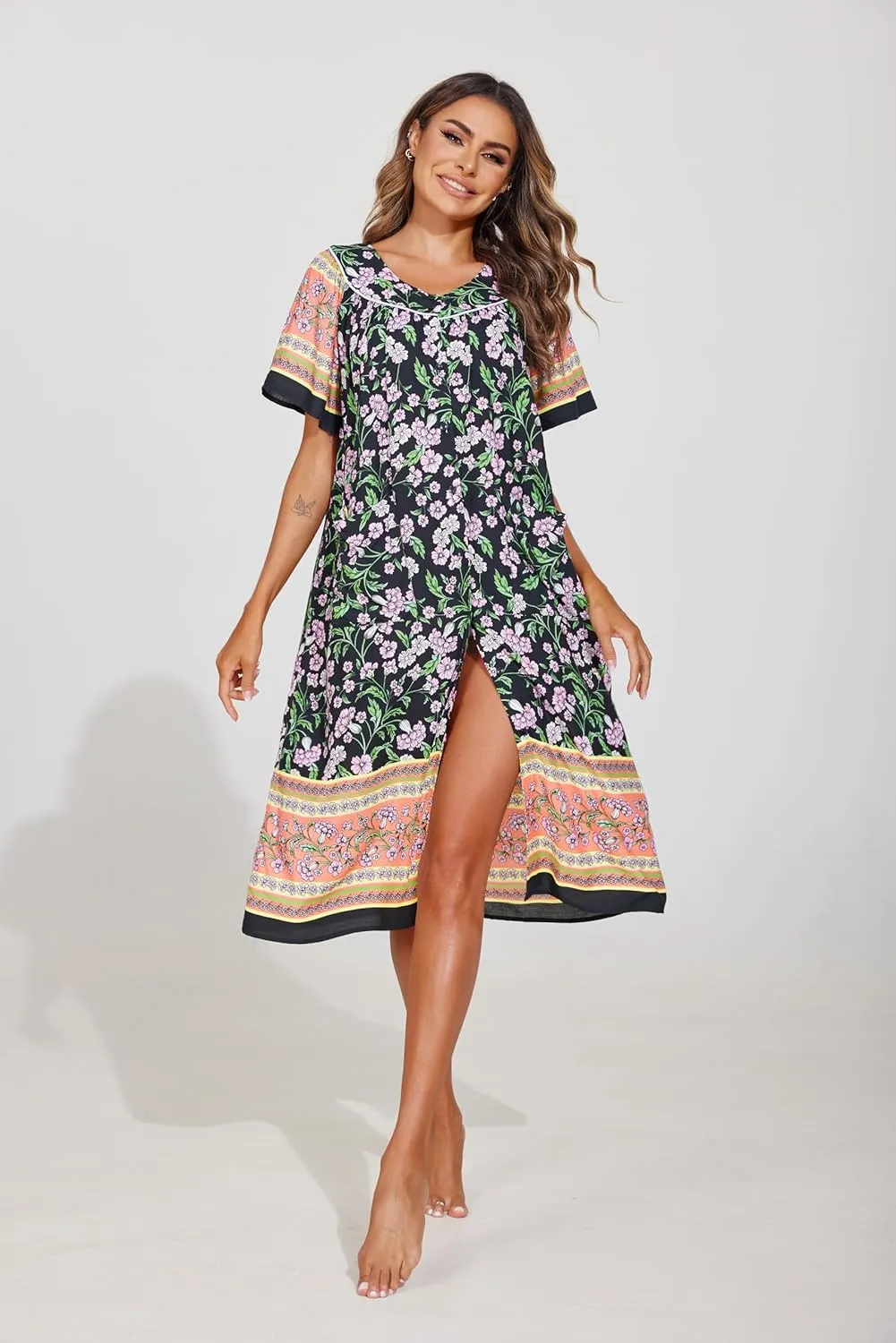 Ekouaer Women's Short Sleeve House Dress Floral Mumu Dress Duster Housecoat Button Down Nightgown with Pockets