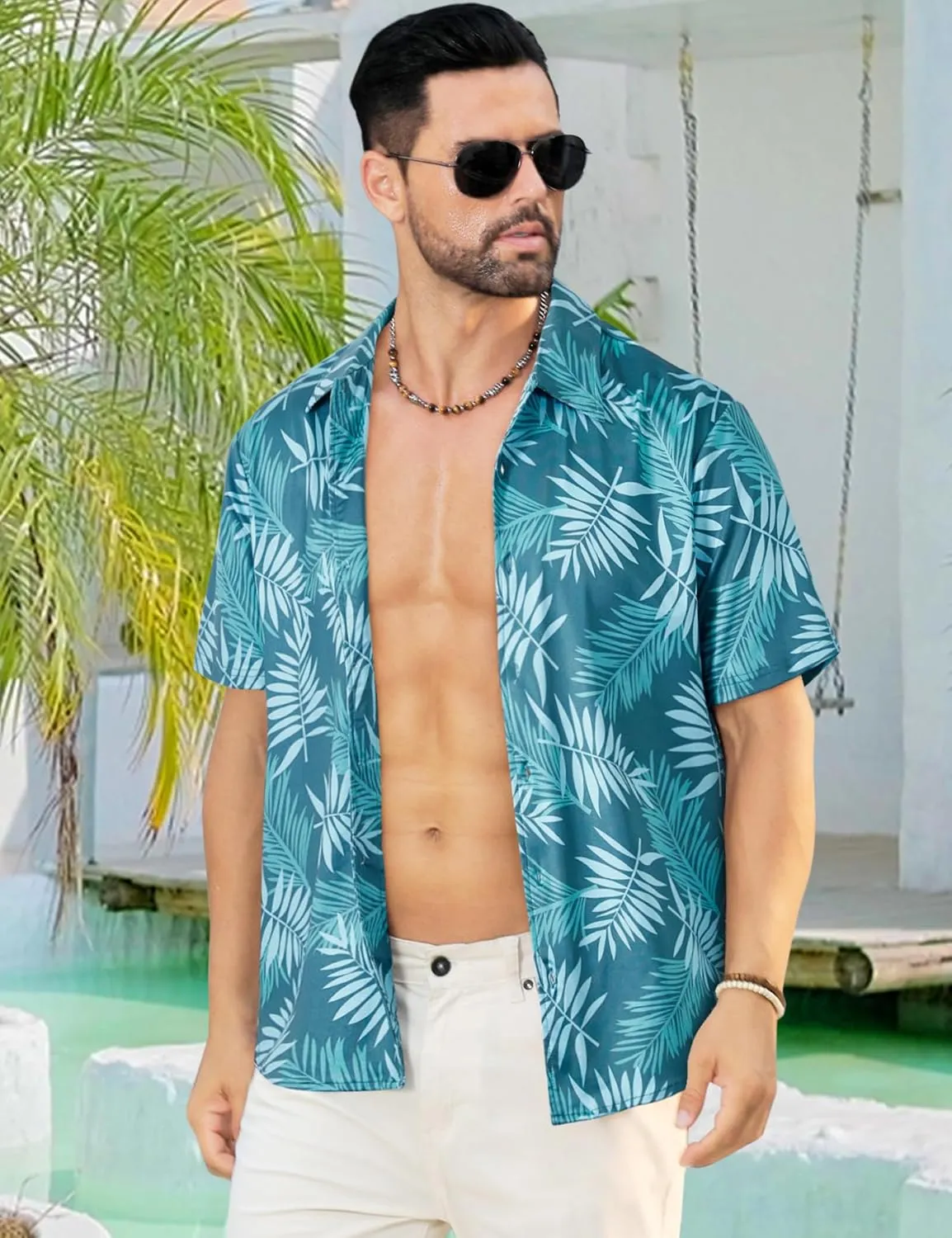 ELETOP Men's Hawaiian Shirt Summer Stretch Short Sleeve Tropical Beach Button Down Casual Shirt