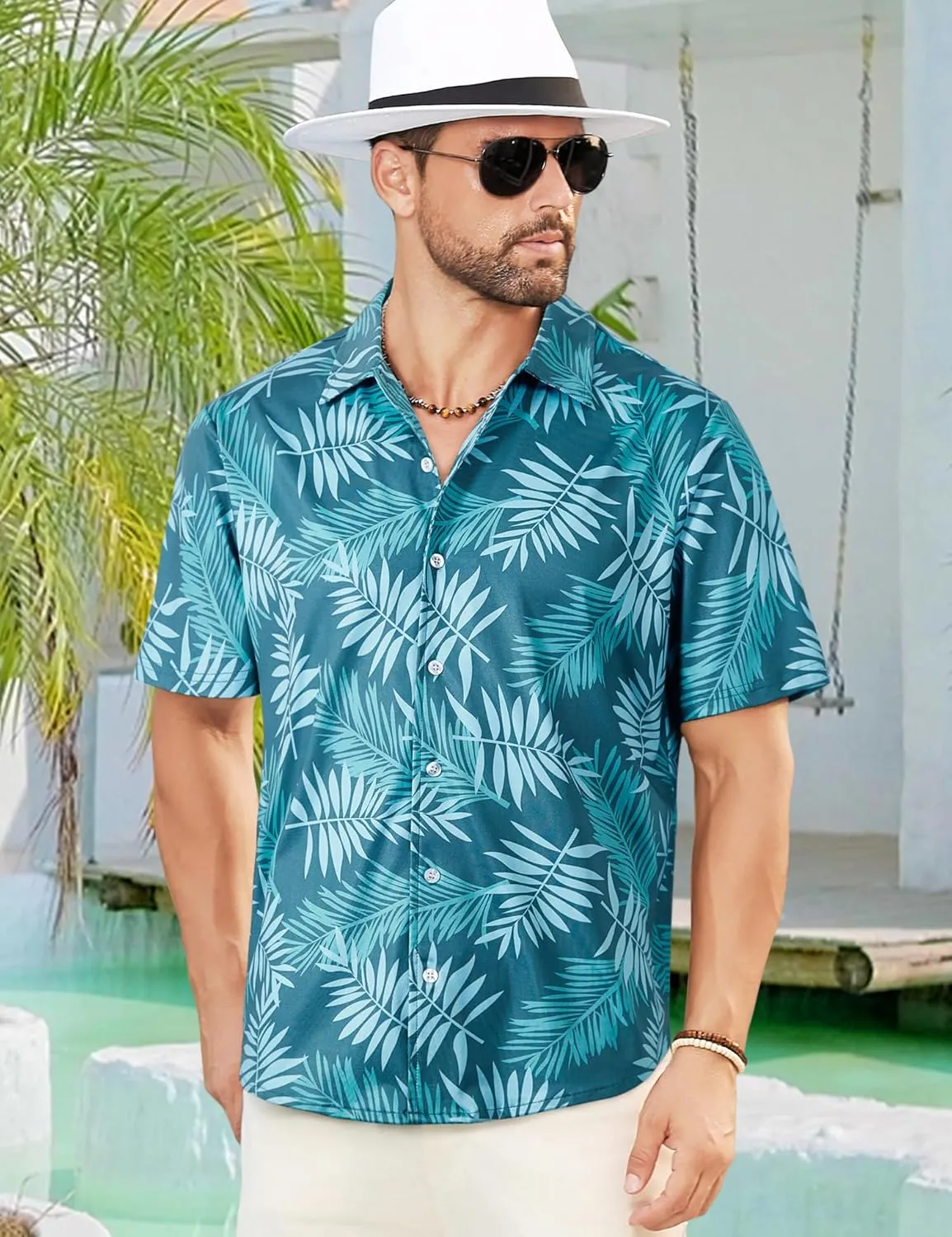 ELETOP Men's Hawaiian Shirt Summer Stretch Short Sleeve Tropical Beach Button Down Casual Shirt