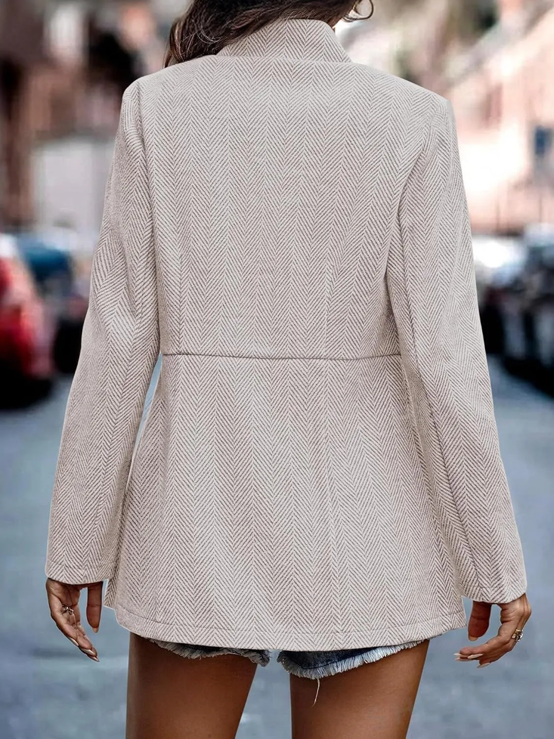 ELLEVEN Women’s Open Front Herringbone Blazer-Business Casual Long Sleeve Work Jacket with Full Lining and Padded Shoulders