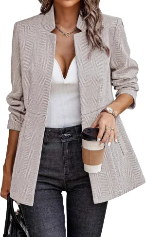 ELLEVEN Women’s Open Front Herringbone Blazer-Business Casual Long Sleeve Work Jacket with Full Lining and Padded Shoulders