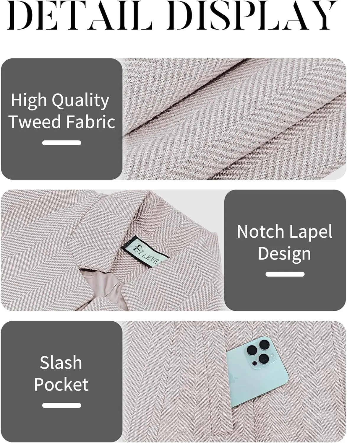 ELLEVEN Women’s Open Front Herringbone Blazer-Business Casual Long Sleeve Work Jacket with Full Lining and Padded Shoulders