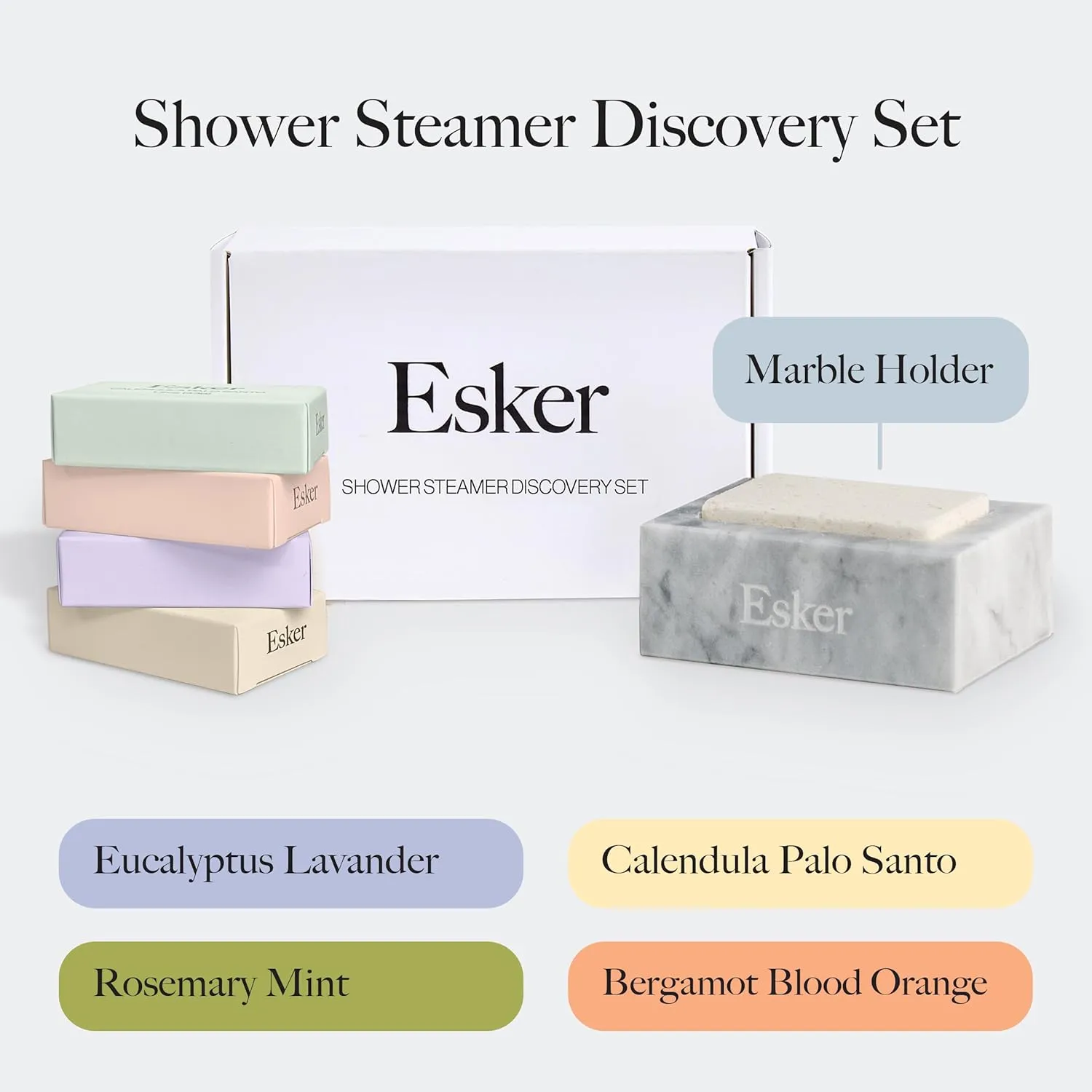 ESKER - Aromatic Shower Steamer Set | Vegan, Cruelty-Free, Clean Beauty (Calendula Palo Santo   Eucalyptus Lavender   Rosemary Mint   Bergamot Blood Orange Steamers with Marble Holder)