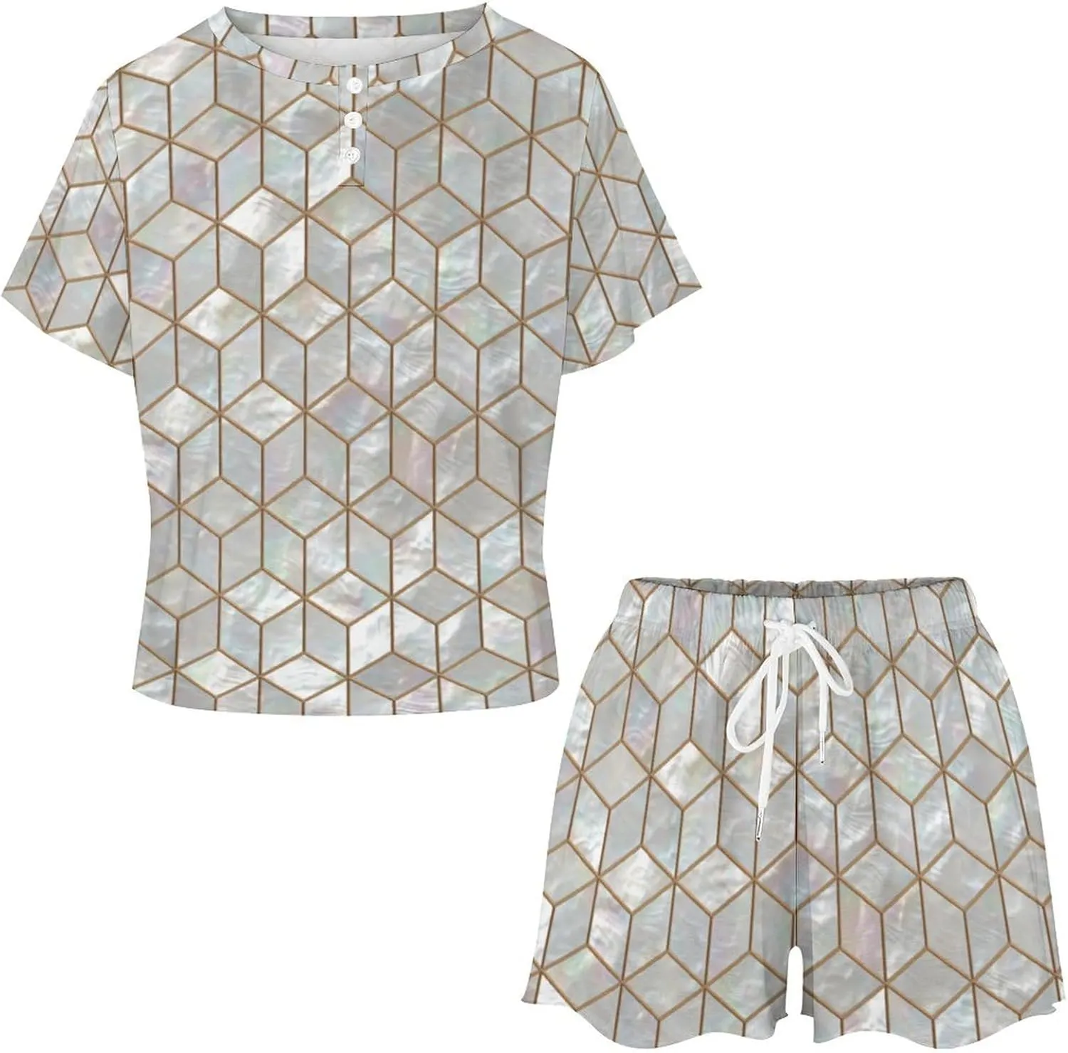 Esthetic Pearl Tiles Summer Two Piece Womens Pajama Short Sleeves Sleepwear Set with Pockets