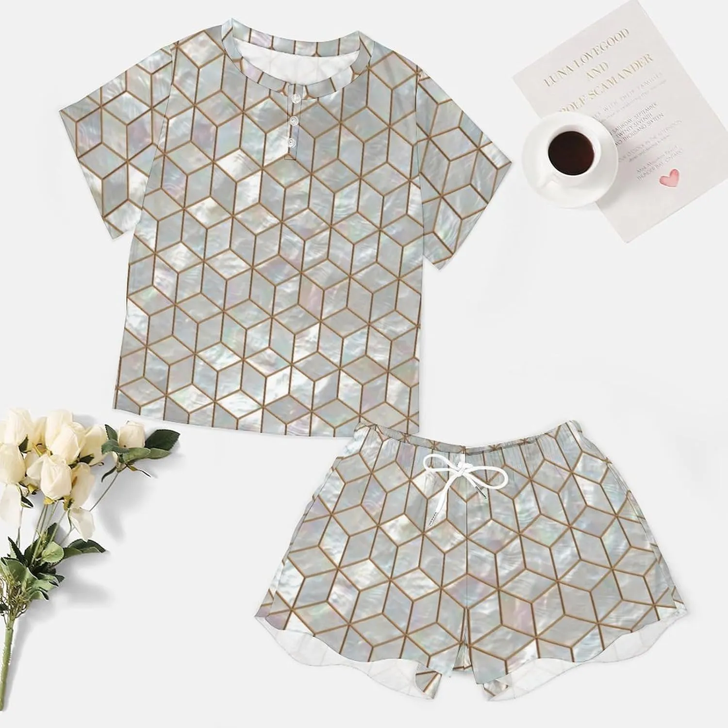 Esthetic Pearl Tiles Summer Two Piece Womens Pajama Short Sleeves Sleepwear Set with Pockets