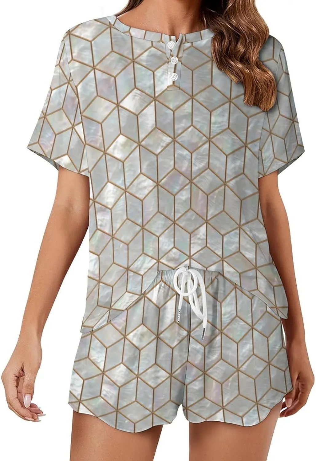 Esthetic Pearl Tiles Summer Two Piece Womens Pajama Short Sleeves Sleepwear Set with Pockets