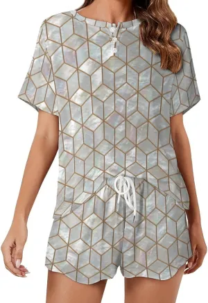 Esthetic Pearl Tiles Summer Two Piece Womens Pajama Short Sleeves Sleepwear Set with Pockets