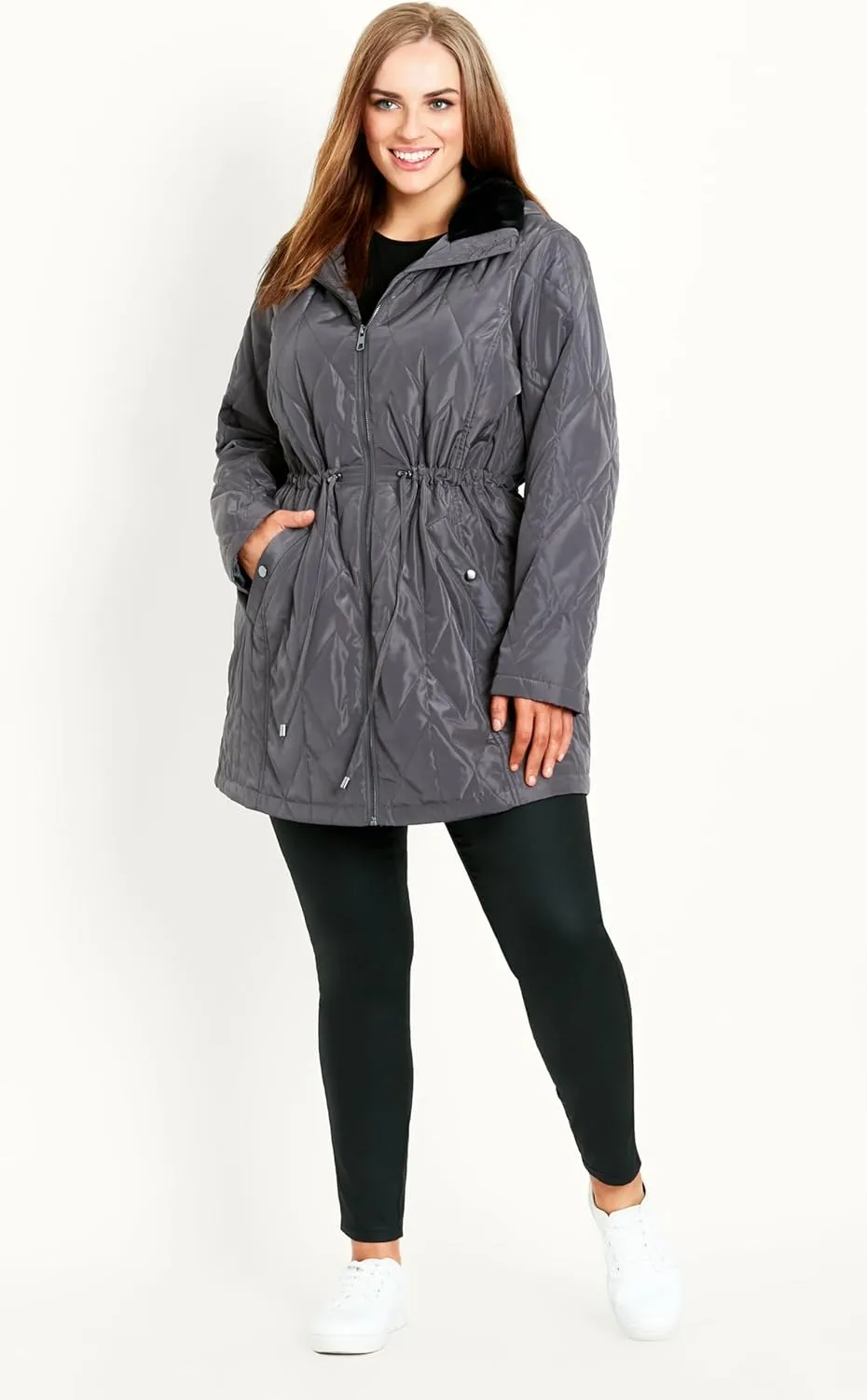 EVANS Women's Plus Size Coat Fur Collar Padded