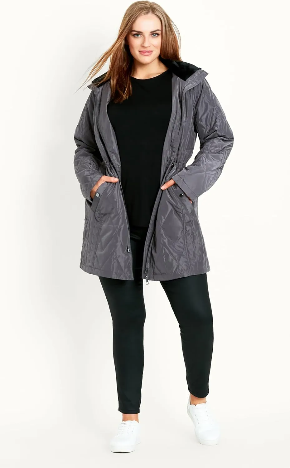 EVANS Women's Plus Size Coat Fur Collar Padded