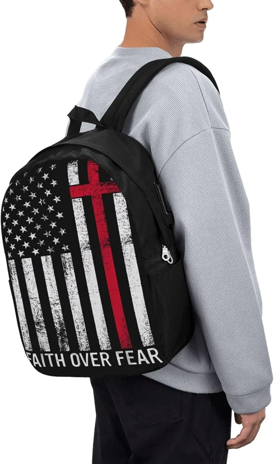 Faith Over Fear Patriotic Christian Cross American Flag Backpack 17 Inch Laptop Backpacks Outdoor Travel Rucksack Work Business Daypack with USB Port Carry On Bag for Cycling Hiking