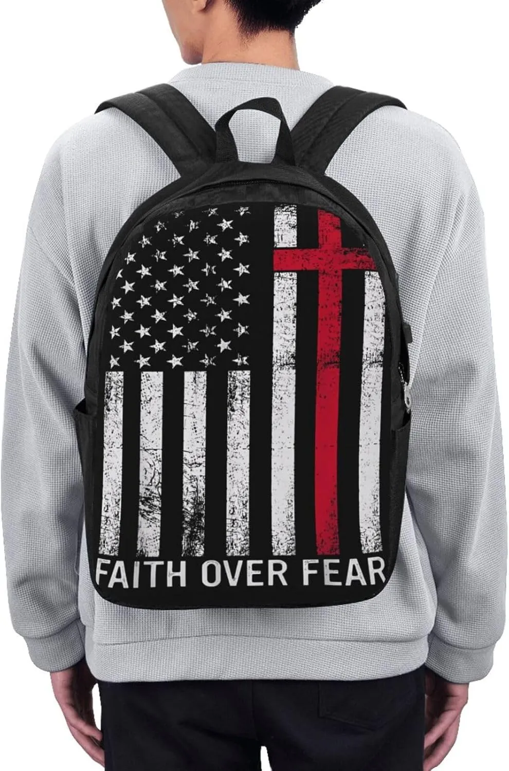 Faith Over Fear Patriotic Christian Cross American Flag Backpack 17 Inch Laptop Backpacks Outdoor Travel Rucksack Work Business Daypack with USB Port Carry On Bag for Cycling Hiking