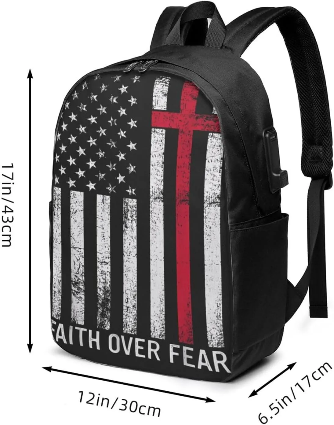 Faith Over Fear Patriotic Christian Cross American Flag Backpack 17 Inch Laptop Backpacks Outdoor Travel Rucksack Work Business Daypack with USB Port Carry On Bag for Cycling Hiking