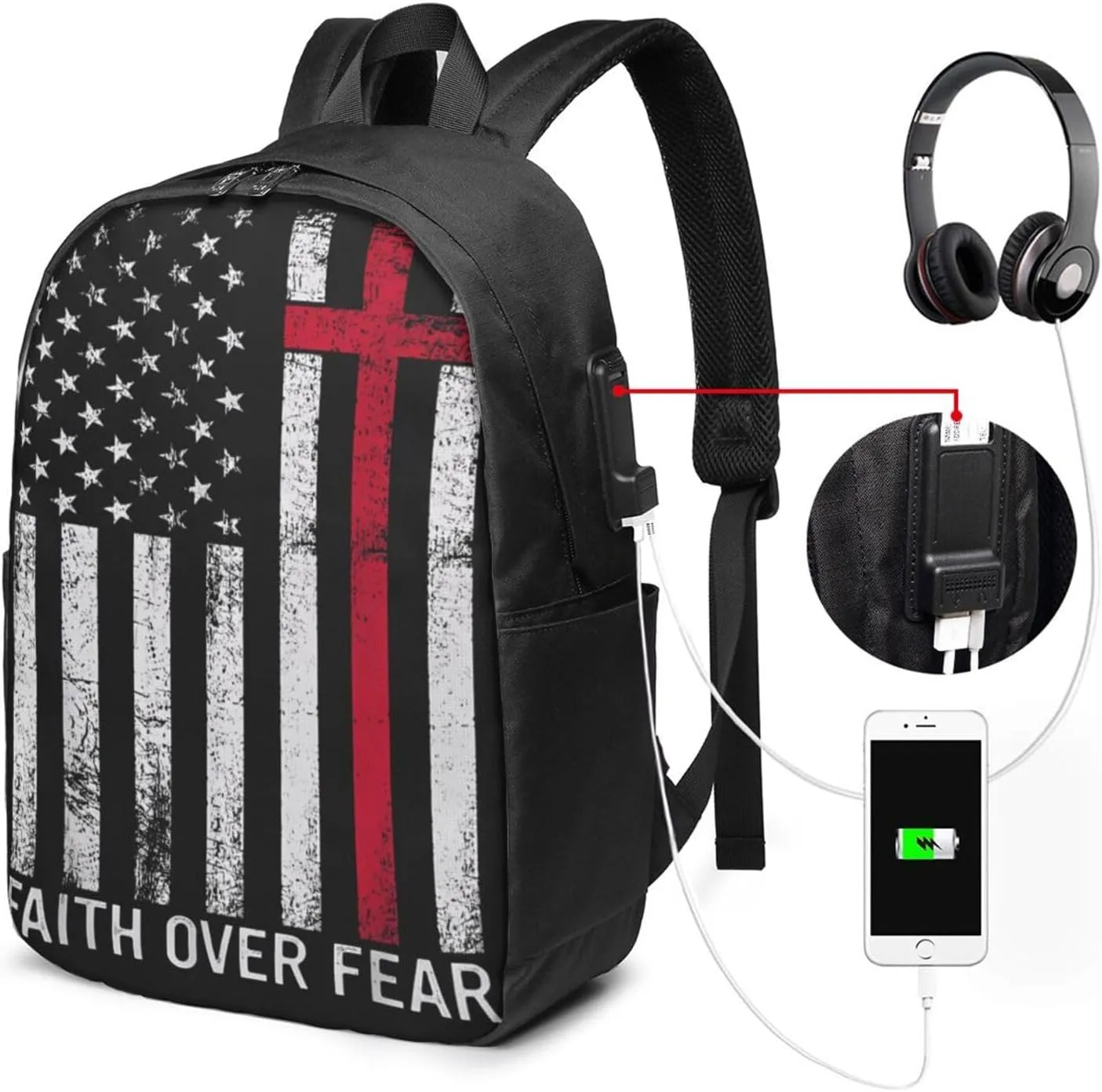Faith Over Fear Patriotic Christian Cross American Flag Backpack 17 Inch Laptop Backpacks Outdoor Travel Rucksack Work Business Daypack with USB Port Carry On Bag for Cycling Hiking