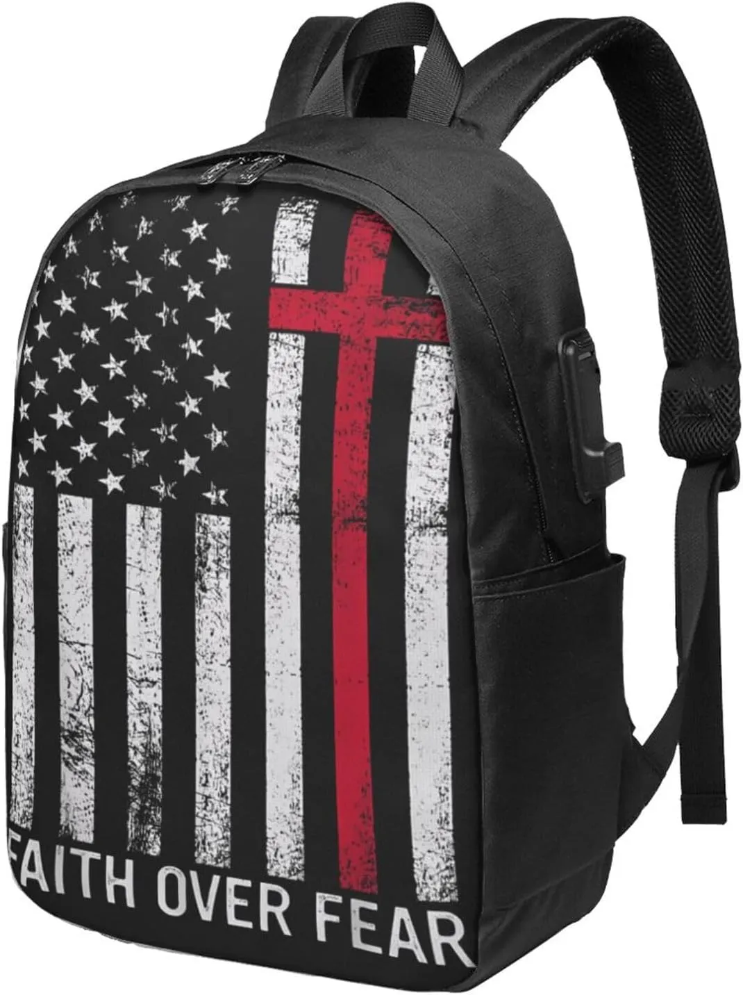 Faith Over Fear Patriotic Christian Cross American Flag Backpack 17 Inch Laptop Backpacks Outdoor Travel Rucksack Work Business Daypack with USB Port Carry On Bag for Cycling Hiking