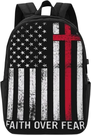 Faith Over Fear Patriotic Christian Cross American Flag Backpack 17 Inch Laptop Backpacks Outdoor Travel Rucksack Work Business Daypack with USB Port Carry On Bag for Cycling Hiking