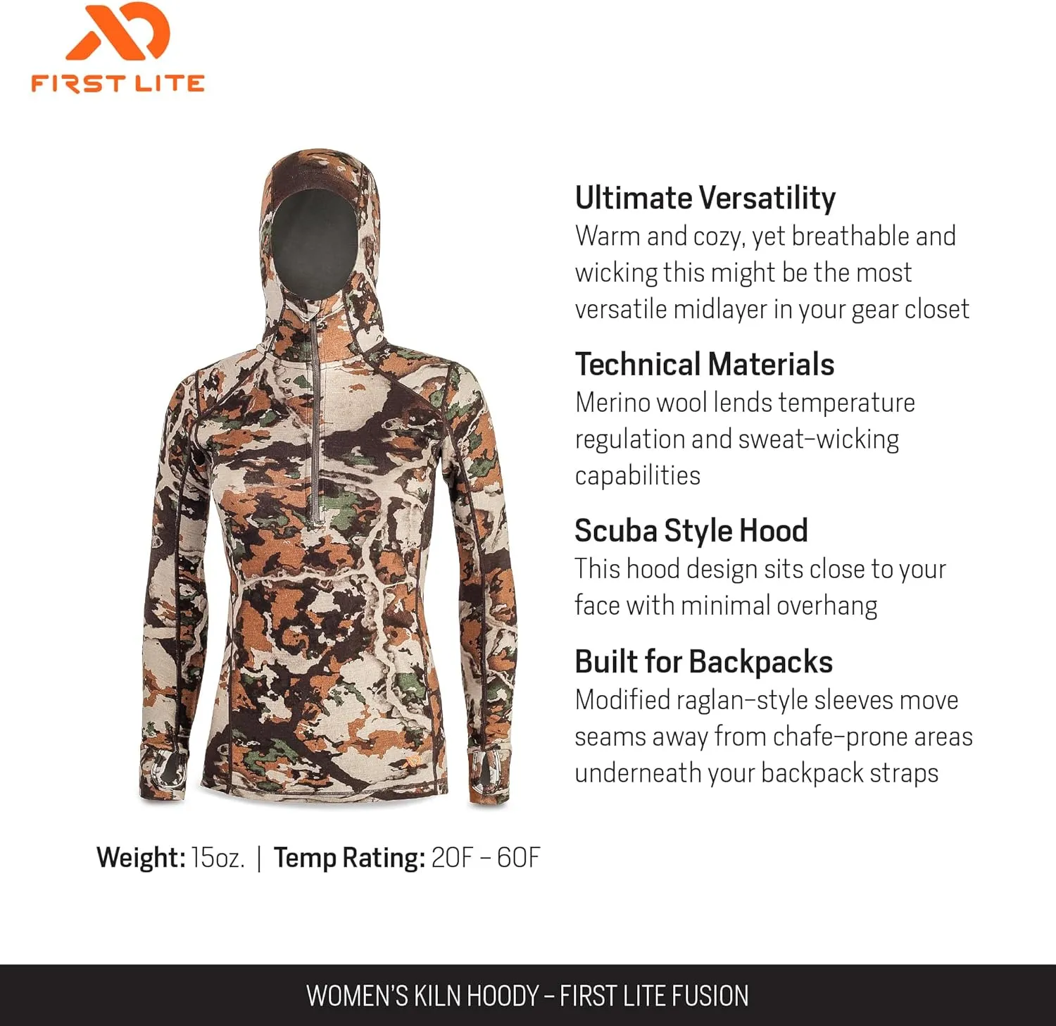 First Lite Women's Kiln Hoody - Merino Wool Midweight Camo Hunting Base Layer