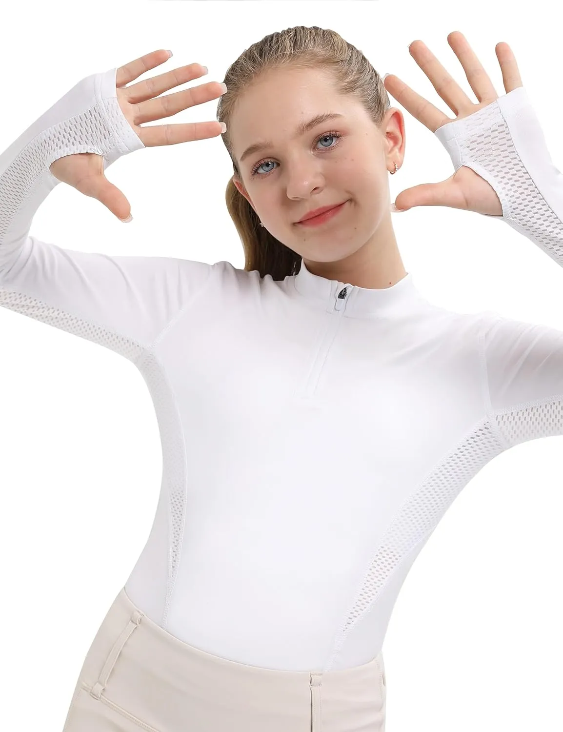 FitsT4 Sports Girls Long Sleeves Shirts Thumbhole English Horse Riding Shirt UPF50 Quick Dry Kids Equestrain Half Zip Jacket