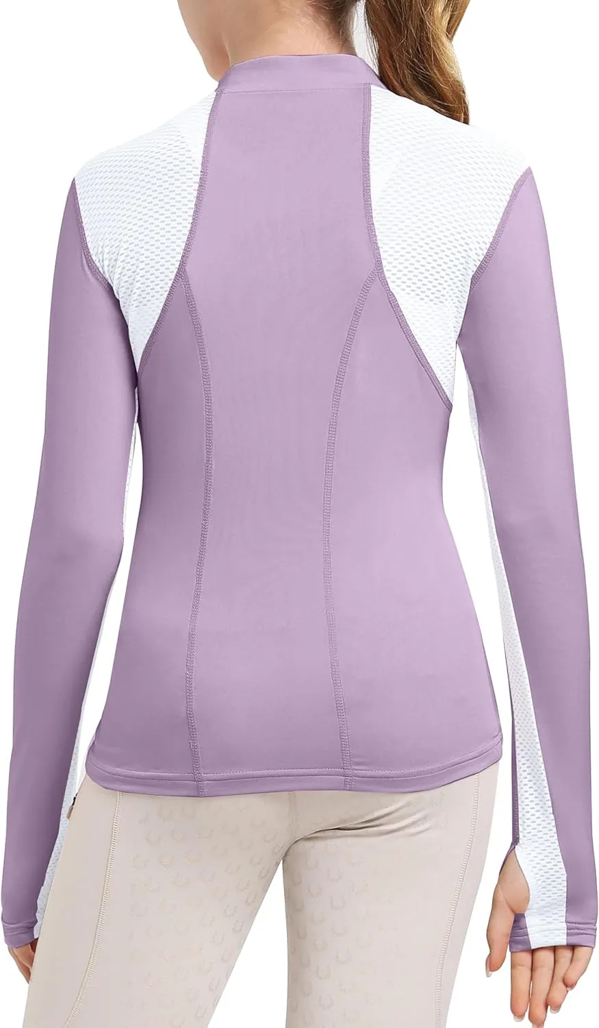 FitsT4 Sports Girls Long Sleeves Shirts Thumbhole English Horse Riding Shirt UPF50 Quick Dry Kids Equestrain Half Zip Jacket