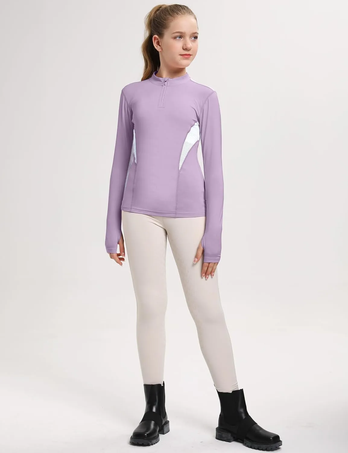 FitsT4 Sports Girls Long Sleeves Shirts Thumbhole English Horse Riding Shirt UPF50 Quick Dry Kids Equestrain Half Zip Jacket