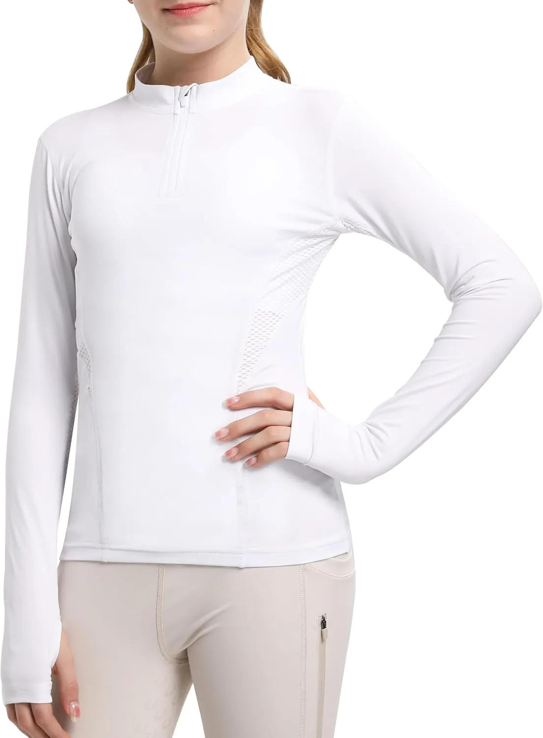 FitsT4 Sports Girls Long Sleeves Shirts Thumbhole English Horse Riding Shirt UPF50 Quick Dry Kids Equestrain Half Zip Jacket