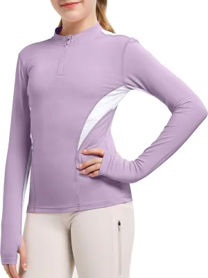 FitsT4 Sports Girls Long Sleeves Shirts Thumbhole English Horse Riding Shirt UPF50 Quick Dry Kids Equestrain Half Zip Jacket