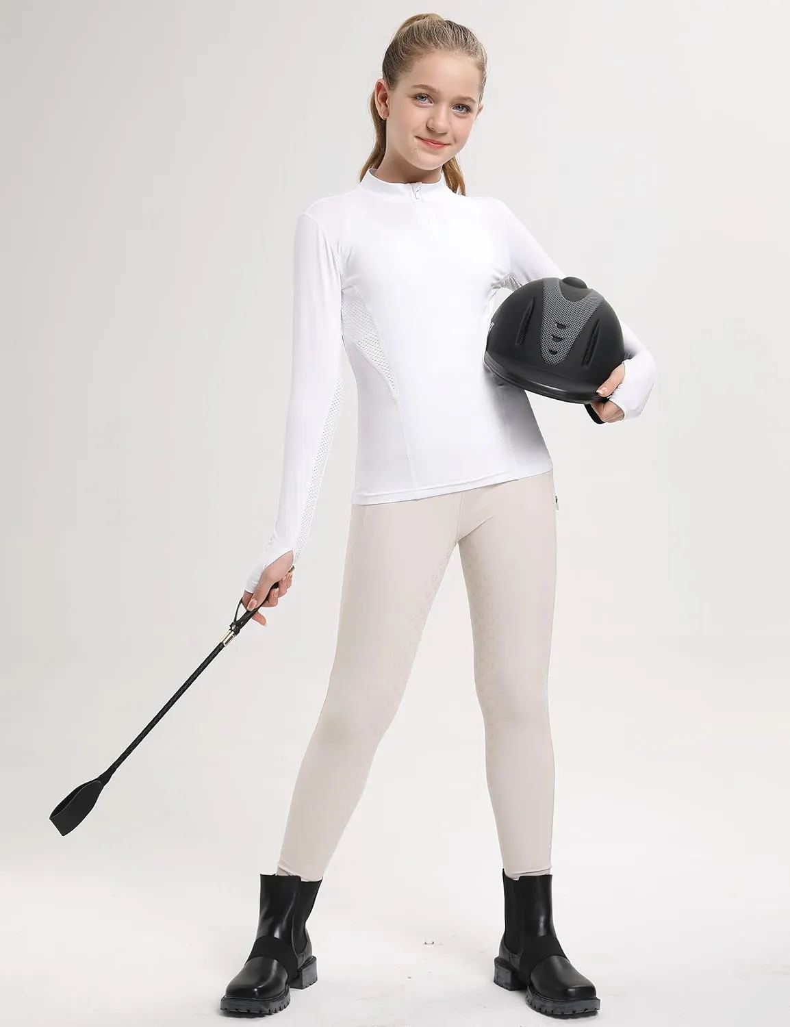 FitsT4 Sports Girls Long Sleeves Shirts Thumbhole English Horse Riding Shirt UPF50 Quick Dry Kids Equestrain Half Zip Jacket