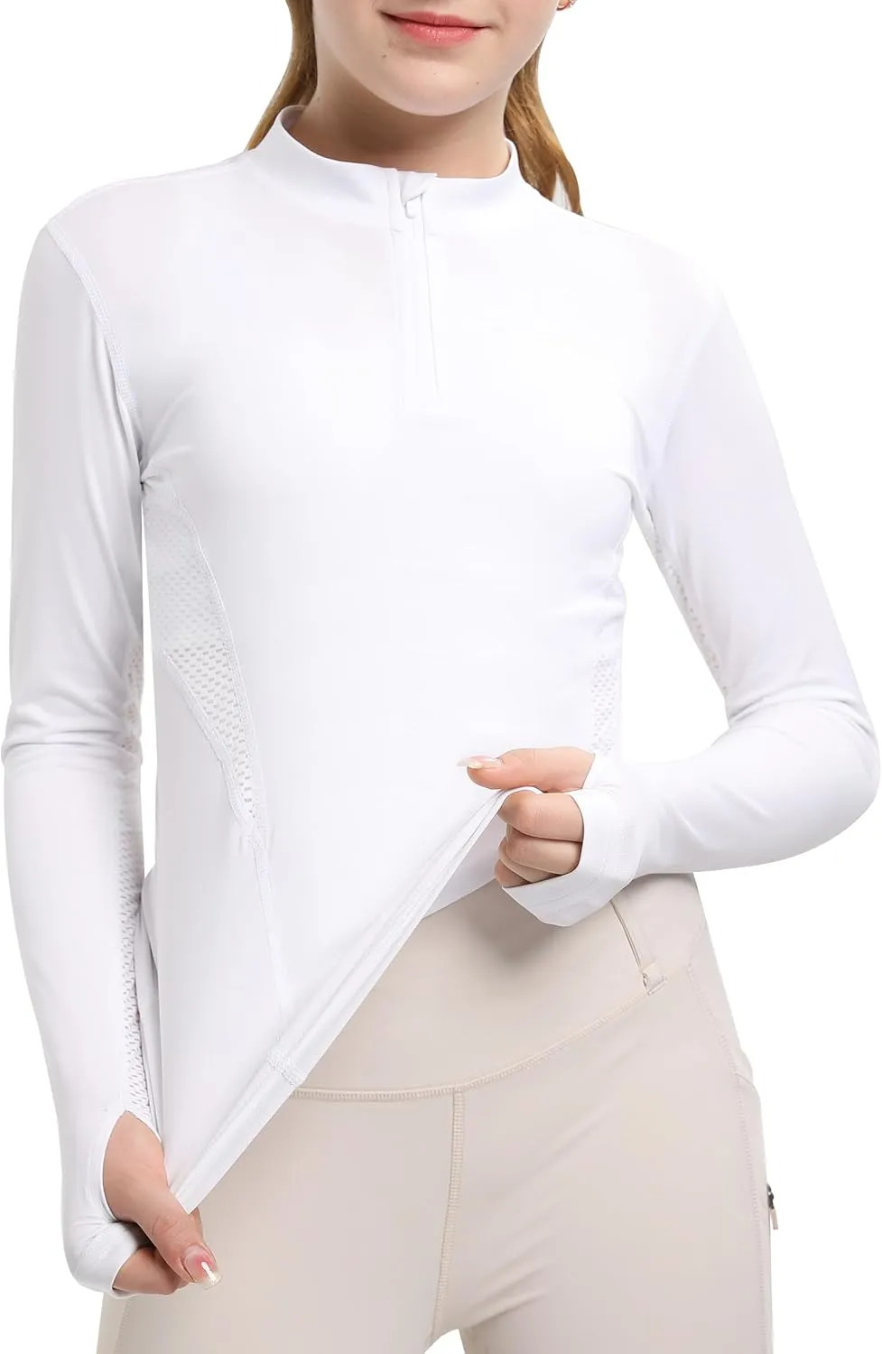 FitsT4 Sports Girls Long Sleeves Shirts Thumbhole English Horse Riding Shirt UPF50 Quick Dry Kids Equestrain Half Zip Jacket