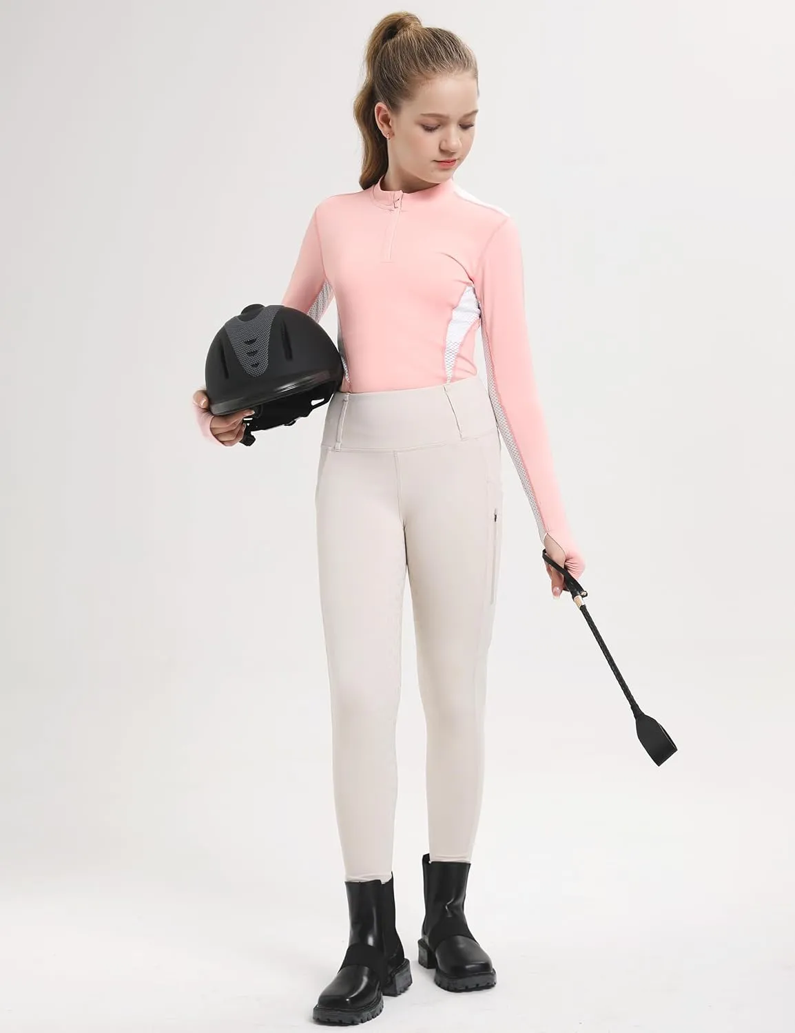 FitsT4 Sports Girls Long Sleeves Shirts Thumbhole English Horse Riding Shirt UPF50 Quick Dry Kids Equestrain Half Zip Jacket