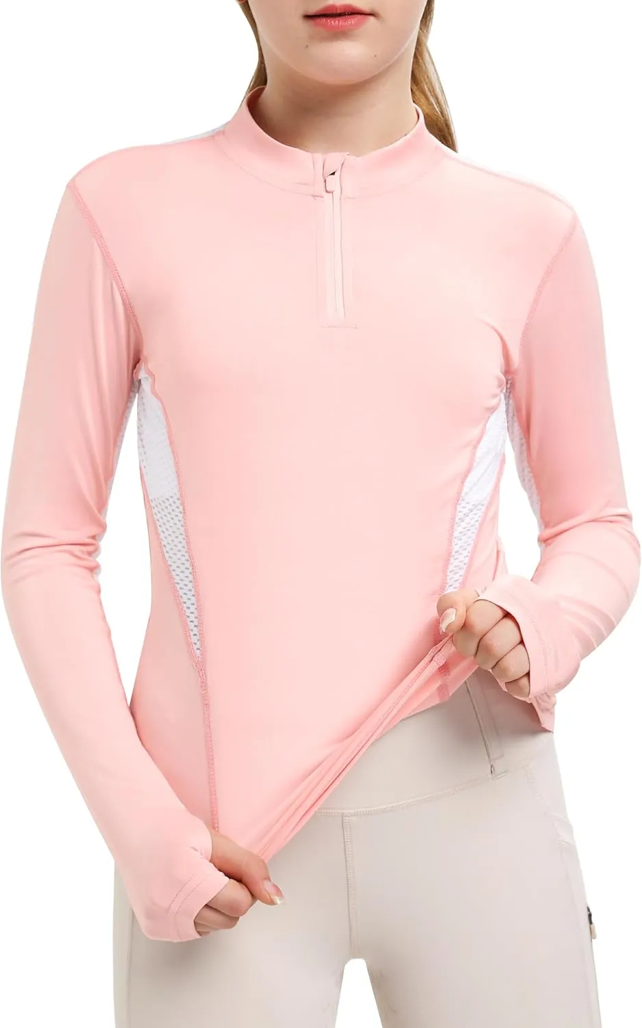 FitsT4 Sports Girls Long Sleeves Shirts Thumbhole English Horse Riding Shirt UPF50 Quick Dry Kids Equestrain Half Zip Jacket