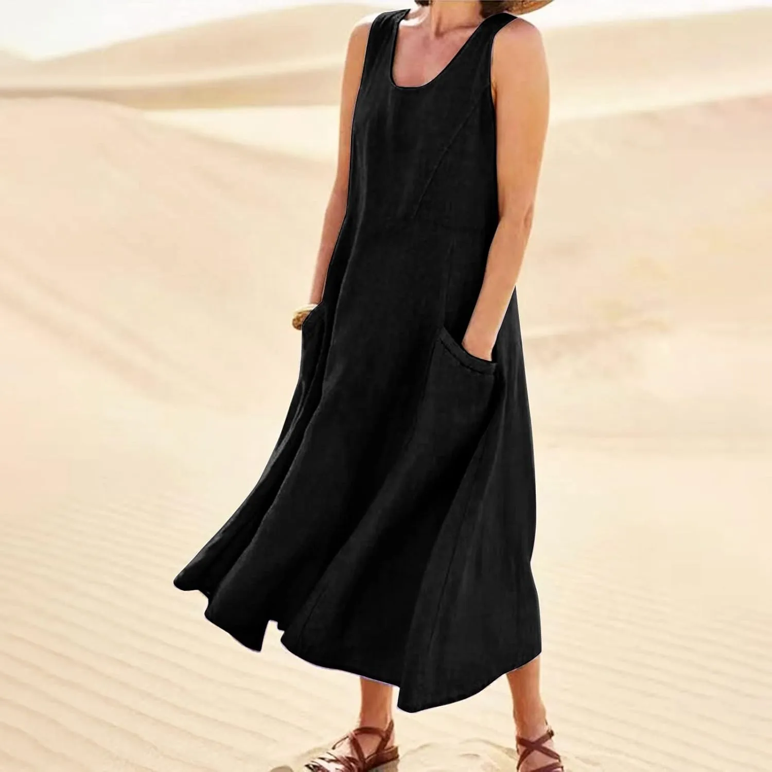 Floral Dresses for Women Summer Beach Sleeveless Sundress Pockets Swing Casual Loose Tshirt Dress