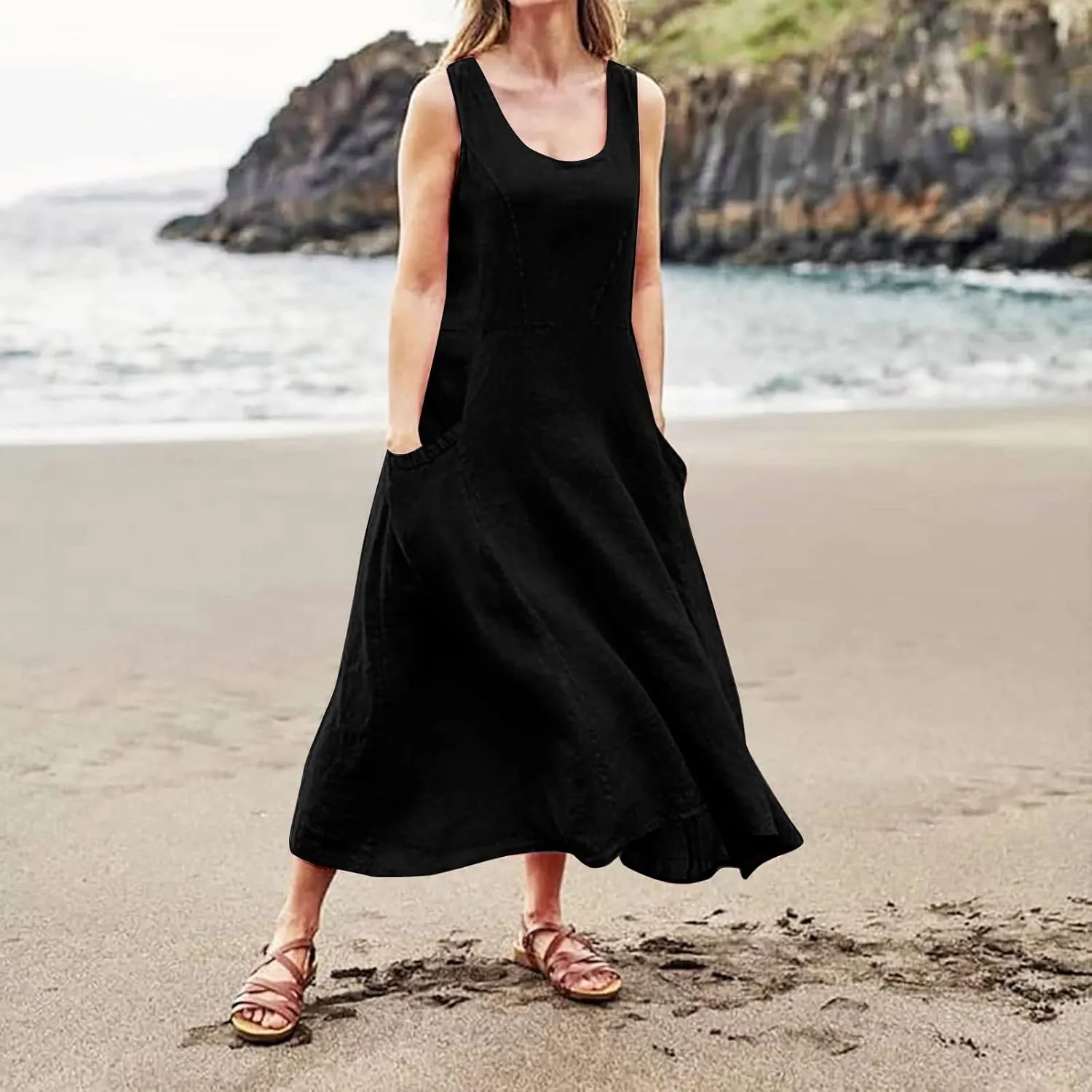 Floral Dresses for Women Summer Beach Sleeveless Sundress Pockets Swing Casual Loose Tshirt Dress