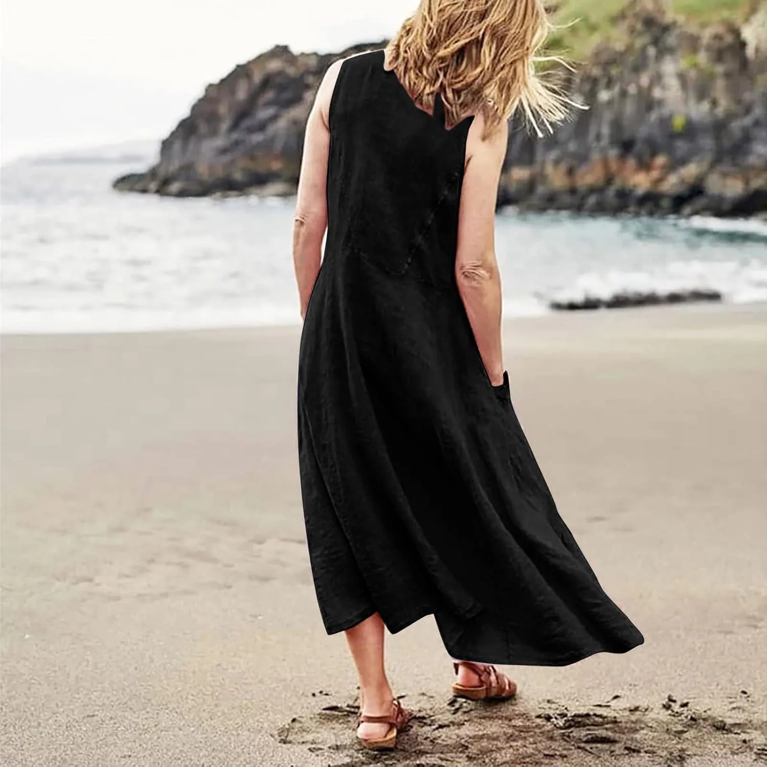 Floral Dresses for Women Summer Beach Sleeveless Sundress Pockets Swing Casual Loose Tshirt Dress