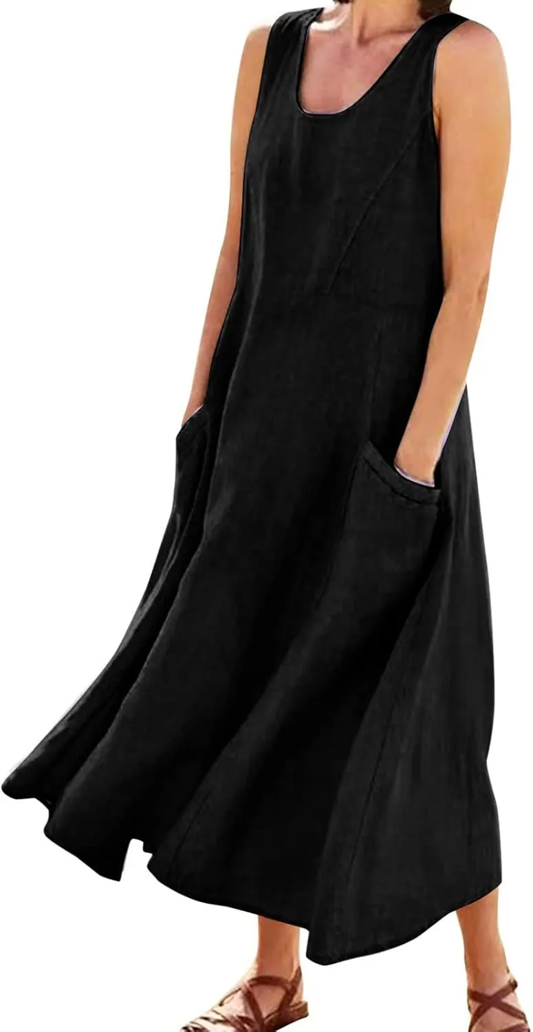 Floral Dresses for Women Summer Beach Sleeveless Sundress Pockets Swing Casual Loose Tshirt Dress