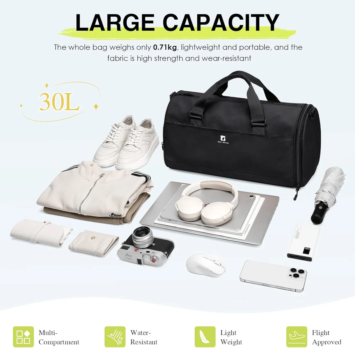 Foldaway Packable Travel Duffel Bag for Men Women, 30.6L Sport Gym Bag with Shoes Compartment Foldable Weekender Tote Bag (Black)